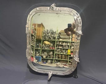 Vintage Aluminum Ship Porthole Mirror with 4 Dogs | Nautical Marine Window Wall Mirror | Industrial Coastal Decor