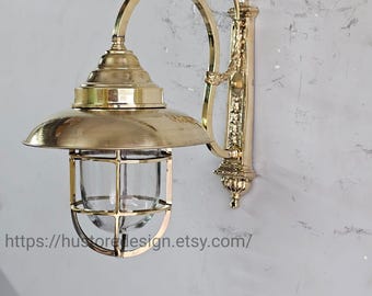 Vintage Brass Nautical Wall Light Sconce Marine Cage Glass Shade