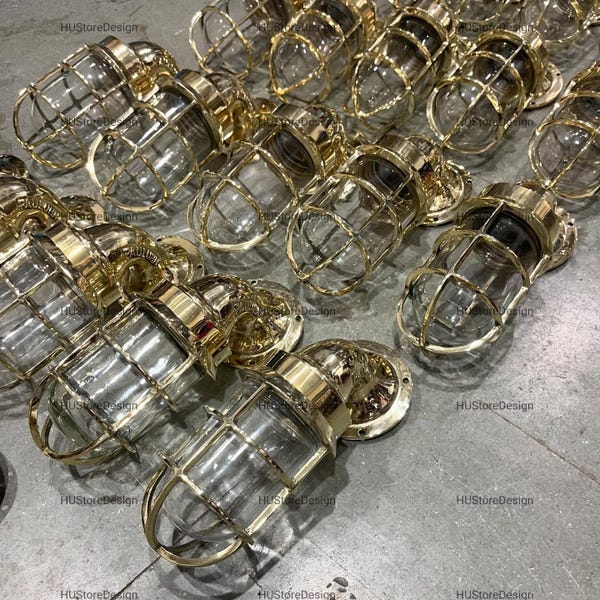 Vintage Brass Nautical Cage Wall Light | Industrial Bulkhead Sconce | Marine Style Outdoor & Indoor Lighting Fixture