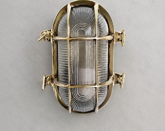 Vintage Brass Oval Bulkhead Wall Light, Nautical Marine Cage Sconce, Coastal Ship Passageway Lamp, Industrial Brass Wall Fixture