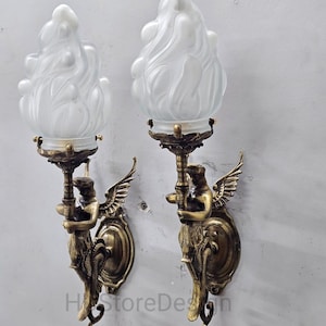 Pair of Vintage Brass Mermaid Wall Sconce – Dual Arm Frosted Flame Glass Light, Victorian Vintage Wall Lamp