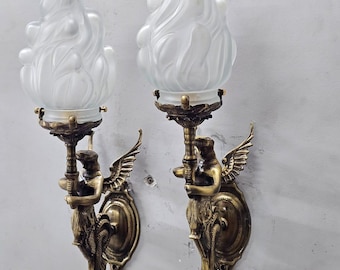 Pair of Vintage Brass Mermaid Wall Sconce – Dual Arm Frosted Flame Glass Light, Victorian Vintage Wall Lamp