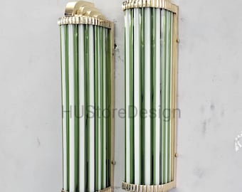 Pair of Art Deco Green and White Glass Brass Wall Sconce Lights | Vintage Style Fixture