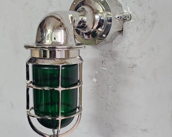 Vintage Nickel Brass Marine Wall Sconce, Green Glass Ship Bulkhead Light, Nautical Cage Wall Lamp, Industrial Coastal Lighting