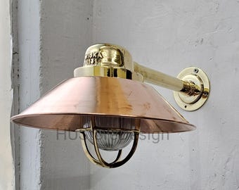 Set of 14 - Vintage Brass & Copper Wall Light – Nautical Ship Sconce with Hat Shade, Industrial Outdoor Lighting (14" depth)