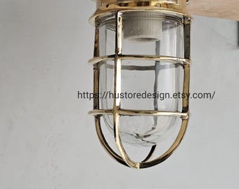 Vintage Brass Nautical Bulkhead Ceiling Light, Marine Cage Light Fixture, Ship Passageway Lamp, Coastal Industrial Lighting