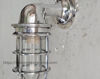 Vintage Aluminum Ship Bulkhead Wall Light, Nautical Marine Cage Sconce, Industrial Coastal Lighting, Wall Lamp