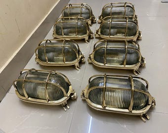Set of 6 Brass Nautical Oval Bulkhead Lights | Vintage Ship Passageway Wall/Ceiling Lamps | Marine Antique Lighting Fixture