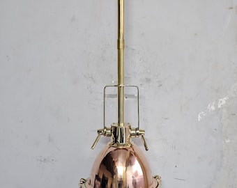 Vintage Copper & Brass Nautical Pendant Light, Marine Ship Hanging Lamp, Industrial Ceiling Light, Adjustable Brass Rod Fixture