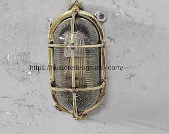 Vintage Brass Bulkhead Wall Light, Nautical Marine Cage Sconce, Coastal Industrial Wall Lamp, Maritime Bathroom Light