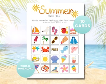 Summer Bingo, 10 Summer Bingo Cards, Summer Game, Summer Activity, Kid's Printable Bingo, Summer Bingo Game for Kids, Summer Vacation Bingo