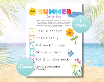 Summer Candy Dice Game | Kids Summer Party Game Printable | Candy Roll Game for Kids