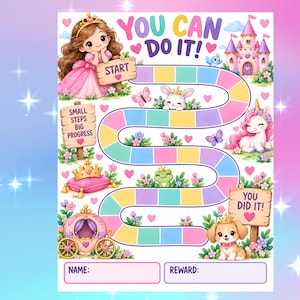 May include: A colourful reward chart featuring a winding path with pastel squares, a princess, a unicorn, a puppy, and a castle. The text reads YOU CAN DO IT!, START, SMALL STEPS BIG PROGRESS, and YOU DID IT!. Includes blank fields for NAME and REWARD.