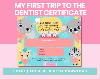 My First Dentist Visit Certificate | Kids Dentist Certificate Printable | First Trip to Dentist Reward PDF