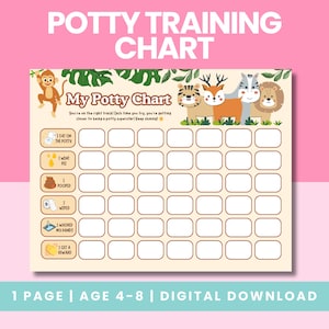 May include: A potty training chart with the text "Potty Training Chart" at the top. The chart features animal illustrations and boxes for tracking progress. The text "My Potty Chart" is also visible. The bottom of the chart reads "1 PAGE | AGE 4-8 | DIGITAL DOWNLOAD."