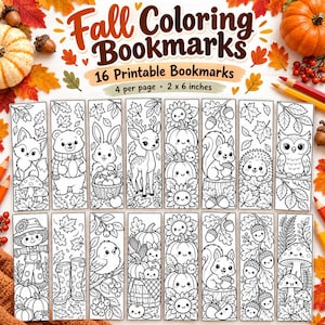 May include: A set of 16 printable fall coloring bookmarks, each measuring 2 by 6 inches. The black and white designs feature autumn themes including foxes, bears, rabbits, deer, pumpkins, sunflowers, squirrels, hedgehogs, owls, and scarecrows.