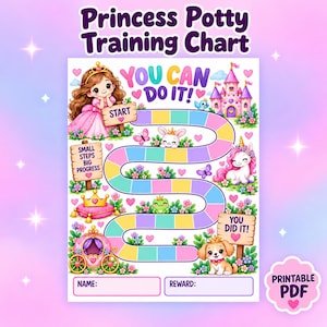 Printbaar PDF-bestand met een zindelijkheidstrainingschema voor prinsessen, beloningstracker voor peuters, motivatiestickers voor meisjes, direct te downloaden.