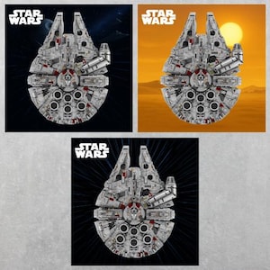 Puede incluir: Tres imágenes de la nave espacial Halcón Milenario de Star Wars. La nave es principalmente gris con detalles rojos y negros. El logotipo de Star Wars está en la esquina superior izquierda de cada imagen. Los fondos varían.