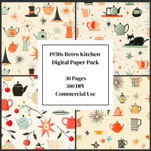 Paquete de papel digital retro de los años 50 para comedor: 30 patrones de mediados de siglo con estrellas atómicas, teteras, cerezas y cuadros vichy para scrapbooking.