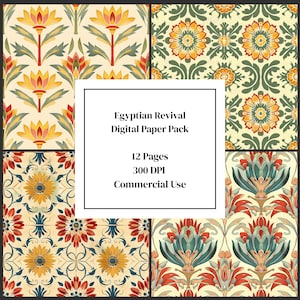 Pacote de papel digital de renascimento egípcio | 12 padrões florais vintage | Papel de scrapbook de lótus | Diário de lixo para impressão | Download instantâneo