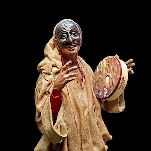 Neapolitan Pulcinella 35cm terracotta statuette with tambourine