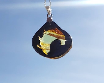 Unique handmade Asturian jet and Baltic amber pendant, 100% natural, with sun and heart and sterling silver --- free worldwide shipping