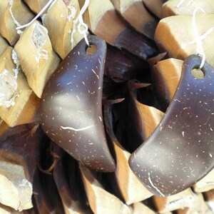 May include: A pair of brown coconut shell earrings with a crescent shape. The earrings are hanging from a white string.