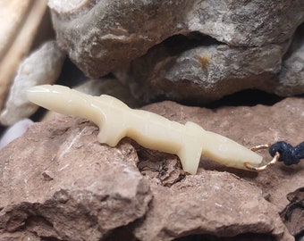 Unique handmade sheep bone pendant with cute carved crocodile shape, 100% natural, and recycled copper wire --- free worldwide shipping