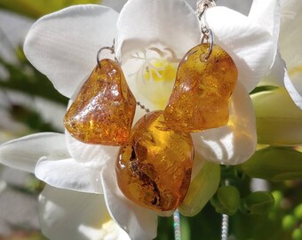 Unique handmade Baltic amber pendant and earrings set, 100% natural with natural shape, and sterling silver --- free worldwide shipping