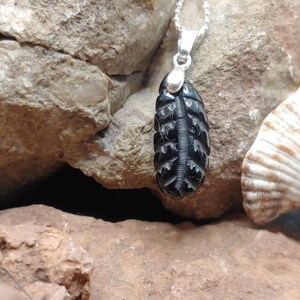 Unique handmade Asturian jet pendant, 100% natural, with leaf or feather carved and sterling silver --- free worldwide shipping