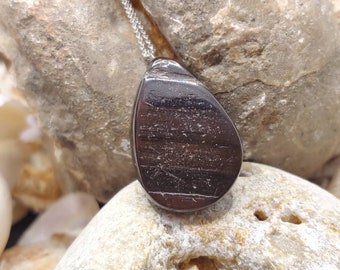 Unique handmade brown Whitby jet pendant, 100% natural, with fine silver --- free worldwide shipping