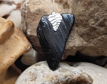 Unique handmade Whitby jet pendant, 100% natural, with natural shape and fine silver leaf --- free worldwide shipping