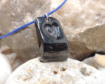 Unique handmade Georgian lignite pendant, 100% natural, with heart shape carved and sterling silver --- free worldwide shipping