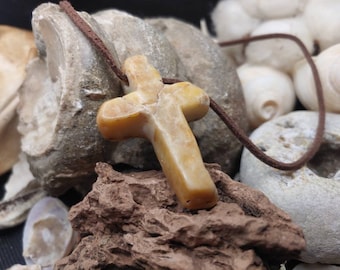 Unique handmade Mediterranean stone pendant, 100% natural with Christian cross shape carved --- free worldwide shipping