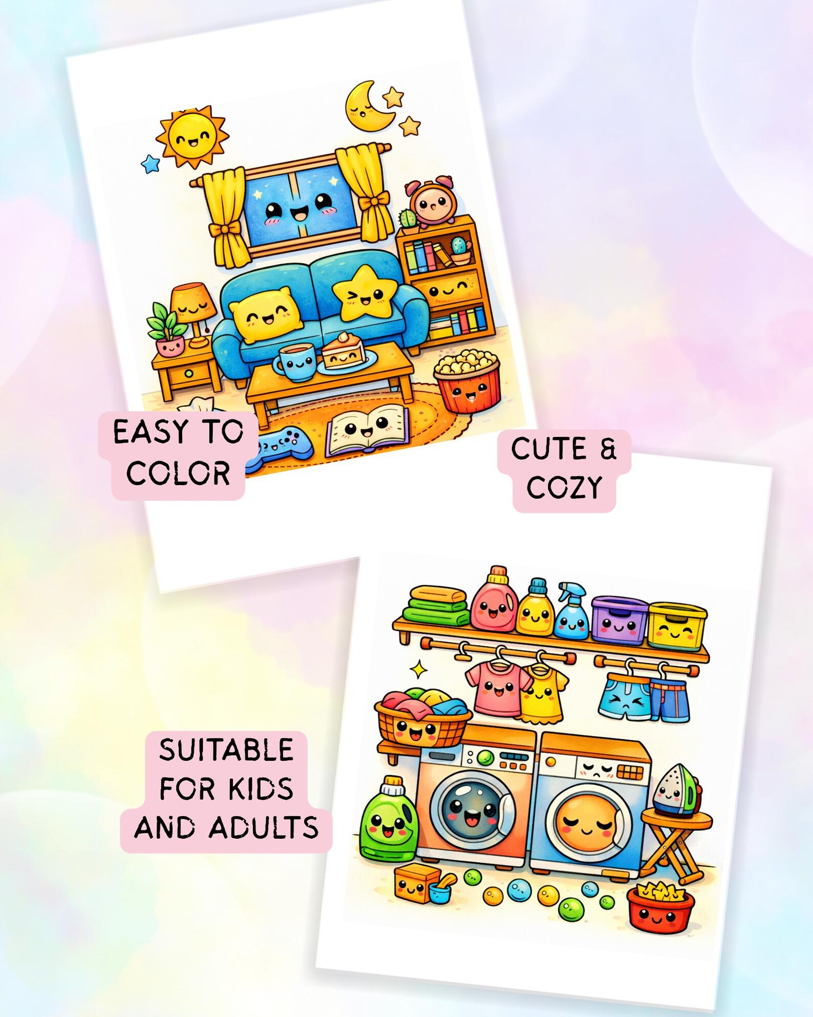 Kawaii Home Coloring Pages – Cozy Scenes, Printable PDF (10 Pages) - Etsy