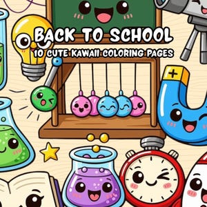 Kawaii Back to School Coloring Pages, Classes Activities Science Math Lunchbox Gym, PDF and PNG Digital Coloring