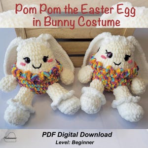 May include: Two white crochet bunny dolls with colorful ruffled collars and smiling faces. The dolls have long ears and are in a bunny costume. The text "Pom Pom the Easter Egg in Bunny Costume" is at the top. The text "PDF Digital Download" and "Level: Beginner" are at the bottom.