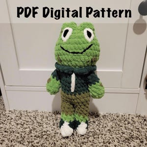 Könnte beinhalten: Ein gehäkeltes Frosch-Stofftier mit grünem Kopf, weiß-schwarzen Augen, einer dunkelgrünen Kapuzenjacke mit weißem Reißverschluss-Detail und olivgrüner Hose mit weißen Füßen. Der Text PDF Digital Pattern ist oben im Bild deutlich zu sehen.