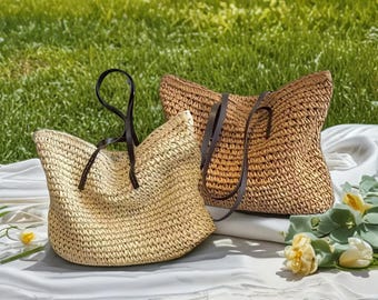 Borsa A Tracolla In Paglia Intrecciata - Stile Bohémien, 26x28x15 Cm, Per Spiaggia E Estate - Foto 5
