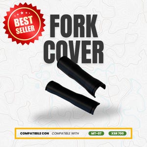 May include: Black fork covers, angled slightly, are displayed against a white background with a topographic map design. The words "FORK COVER" are in large, dark letters. A red and gold "BEST SELLER" badge is in the upper left corner. The text "COMPATIBLE WITH" and "MT-07 XSR 700" are also visible.