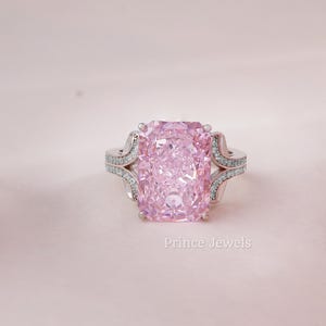 3 CT IGI Certified Pink Lab Diamond |  Radiant Cut Pink Lab Diamond Ring – Elegant Double Shank Ring | White Gold Pink Diamond Ring