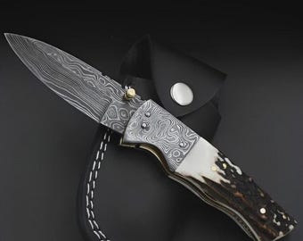 Hand Made Folding Knife , Hand Forged Damascus Steel Pocket Knife With Leather Sheath