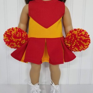 Fits 18&quot; doll Cheerleader. Southern California Red and Yellow, matching panties with team emblem, shoes and poms