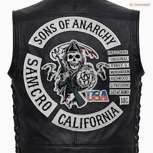 May include: A black leather vest featuring a large embroidered back patch with a skull holding a rifle and scythe. The text reads Sons of Anarchy, Samcro, California, and USA, along with various rank patches including President and Sgt at Armst.