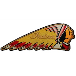 May include: Embroidered patch featuring the Indian Motorcycle logo. The design includes a yellow wing with red and white accents, and a profile of a Native American chief. The word "Indian" is embroidered in gold.