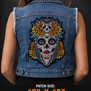 Indian Girl Skull Patch: Embroidered Biker Jacket Patch (10x13 inches) Iron-on/Sew-on