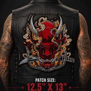 Monster With Horns & Sword in mouth Embroidered Biker Patch: Iron-On/Sew-On Horror Applique