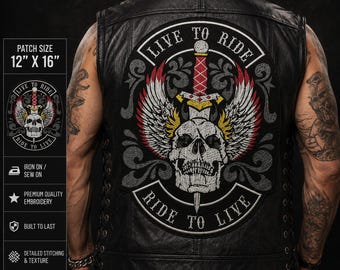 Live to Ride Skull Embroidery Patch: Biker Vest Iron-On Applique (12x16 inches)