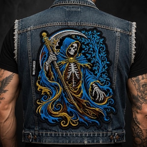 Grim Reaper Back Large Embroidered Skeleton Scythe Patch, Iron On Biker Vest & Jacket Patch