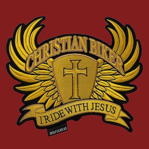 Golden Christian Embroidered Biker Patch, Ride With Jesus, Iron-On/Sew-On Patch For Jackets And Vest